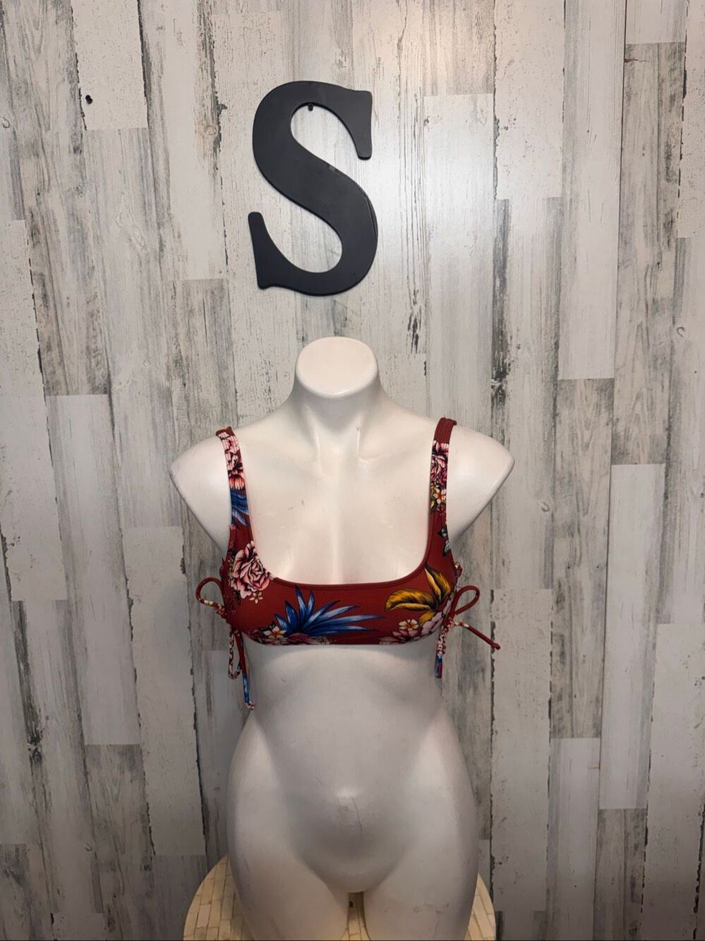 No Boundaries Floral Bralette Bikini Top Womens S 3-5 Rusty Brick Lace-Up Side